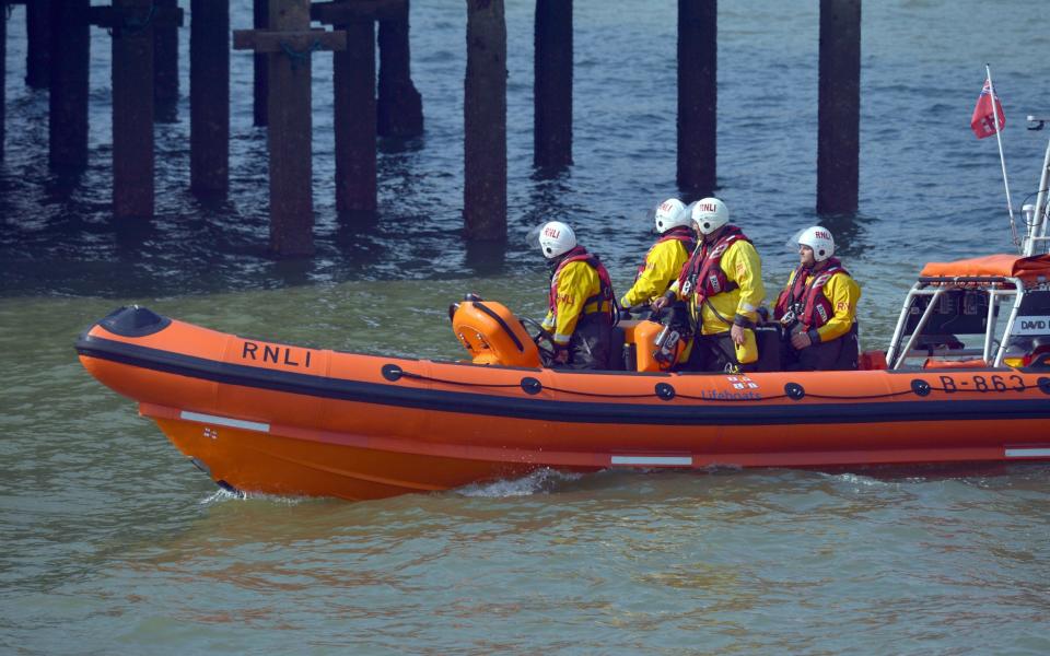 An RNLI lifeboat carries out a search off the coast of Clacton-on-Sea, Essex