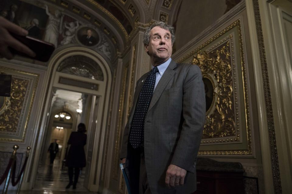 WASHINGTON, DC - JANUARY 30: Senator Sherrod Brown (D-OH) speaks to the press in the U.S. Capitol during a break on the second day that Senators have the opportunity to ask questions during impeachment proceedings against U.S. President Donald Trump on January 30, 2020 in Washington, DC. (Photo by Sarah Silbiger/Getty Images)