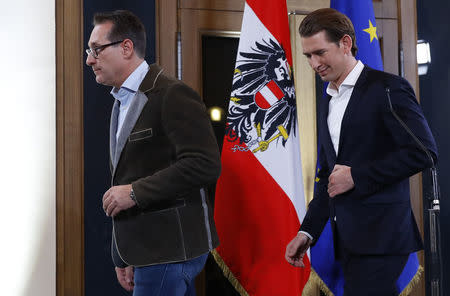 Head of the Freedom Party (FPOe) Heinz-Christian Strache (L) and head of the People's Party (OeVP) Sebastian Kurz leave a news conference in Vienna, Austria, December 15, 2017. REUTERS/Leonhard Foeger