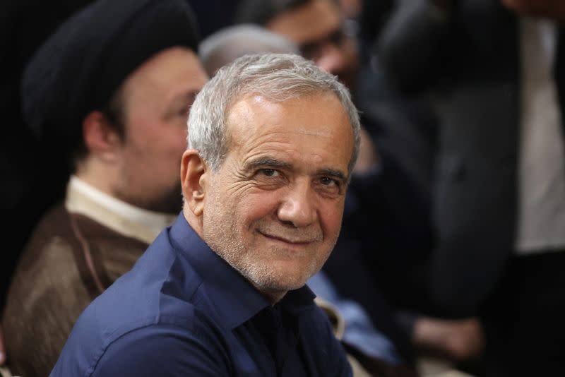 Iran's President-elect Masoud Pezeshkian looks on during a gathering with his supporters at the shrine of the late leader of Iran's late leader Ayatollah Ruhollah Khomeini, in south of Tehran