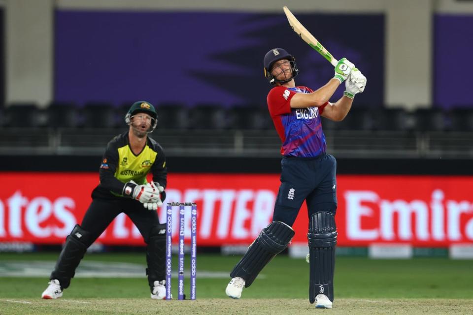 Jos Buttler goes to fifty with an enormous six off Adam Zampa (Getty Images)