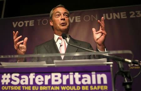 Leader of the United Kingdom Independence Party (UKIP) Nigel Farage speaks at pro Brexit event in London, Britain June 3, 2016. REUTERS/Neil Hall