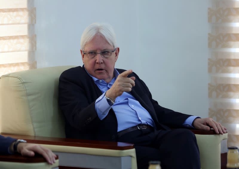 United Nations Special Envoy to Yemen Griffiths, gestures during his visit, in Marib