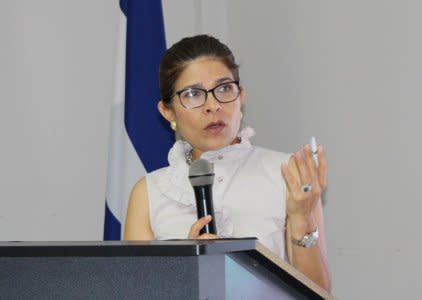 Hilda Hernandez, sister of Honduran President Juan Orlando Hernandez (not pictured), addresses the audience at an event in Tegucigalpa, Honduras October 3, 2016. Presidency Honduras/Handout via REUTERS