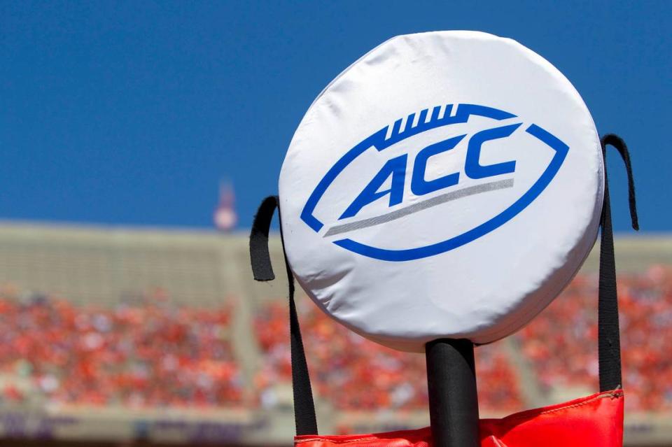 Sep 6, 2014; Clemson, SC, USA; A general view of a yard marker with the ACC logo during the first quarter against the South Carolina State Bulldogs at Clemson Memorial Stadium. Tigers won 73-7. Mandatory Credit: Joshua S. Kelly-USA TODAY Sports