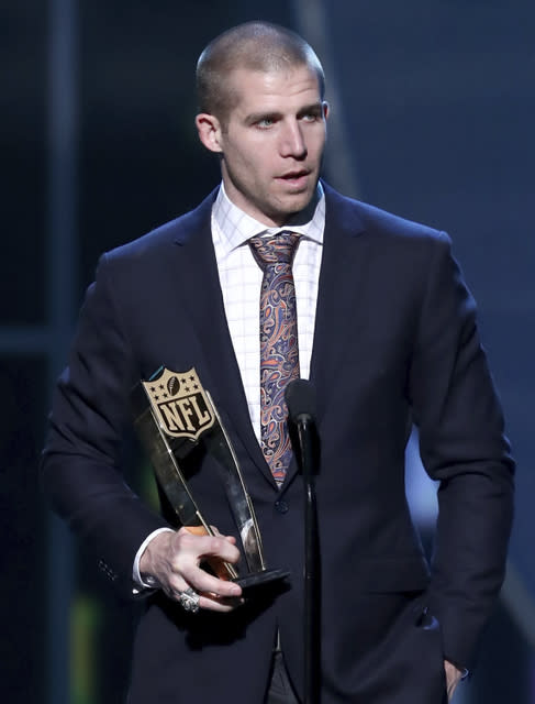 Jordy Nelson of the Green Bay Packers accepts the award for AP Comeback Player of the Year presented by McDonald's at the 6th annual NFL Honors at the Wortham Center on Saturday, Feb. 4, 2017, in Houston. (Photo by John Salangsang/Invision for NFL via AP)