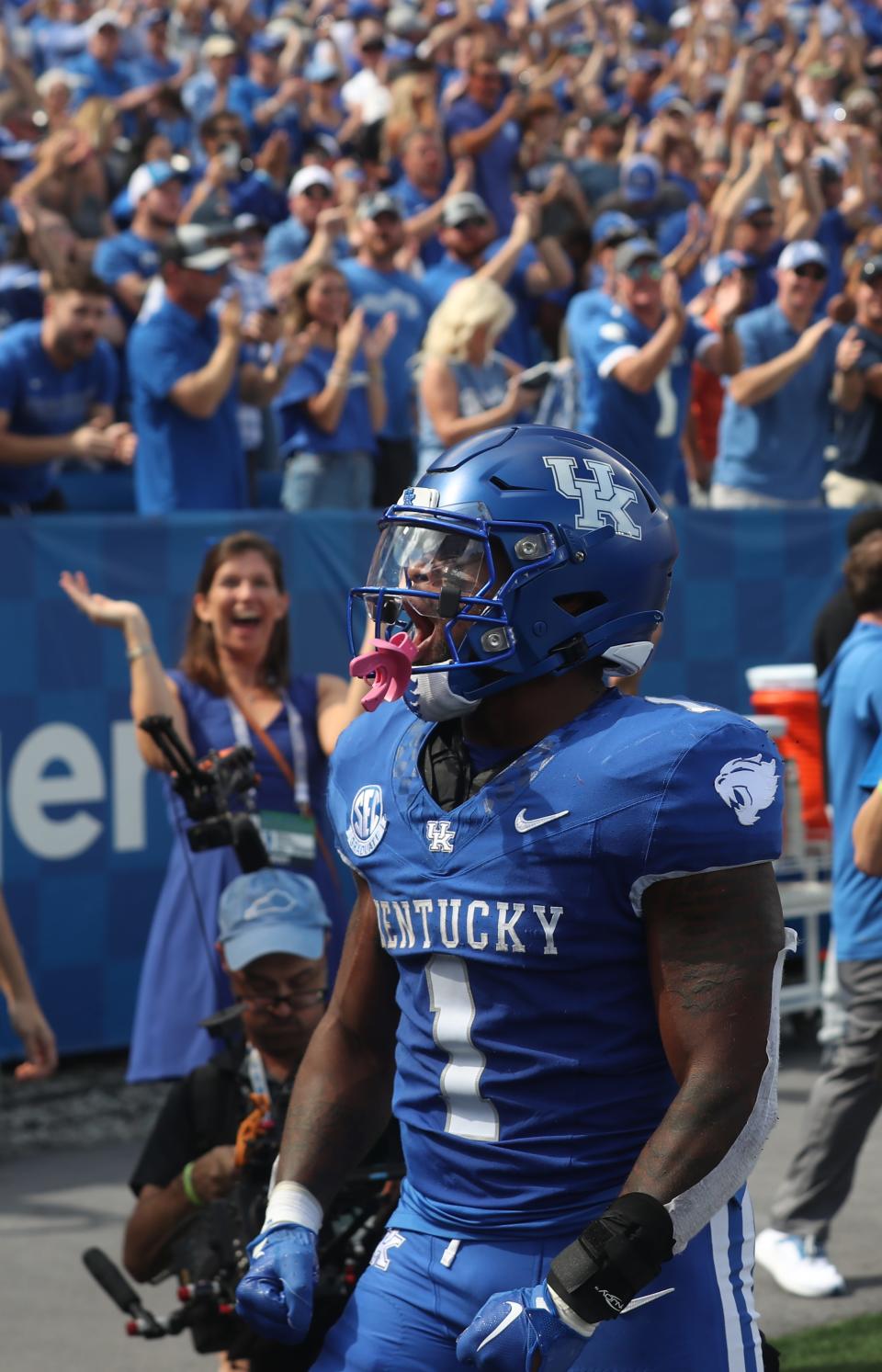 Kentucky’s Ray Davis celebrated scoring a touchdown against Florida on Sept. 30, 2023.