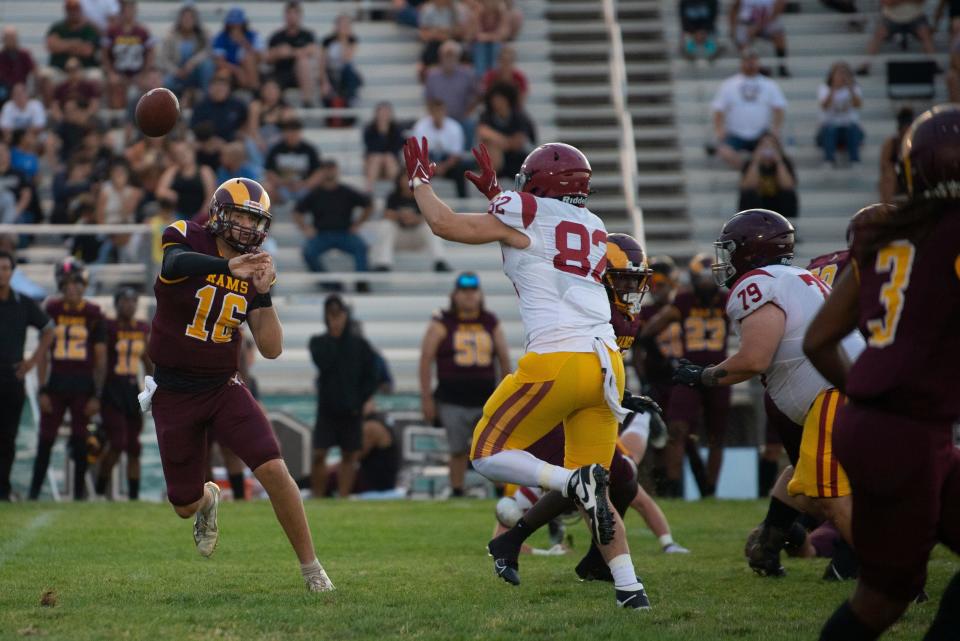 Victor Valley College’s Landon Webster throws a pass during the first quarter on Saturday, Sept. 9, 2023, at Jay Reed Field.