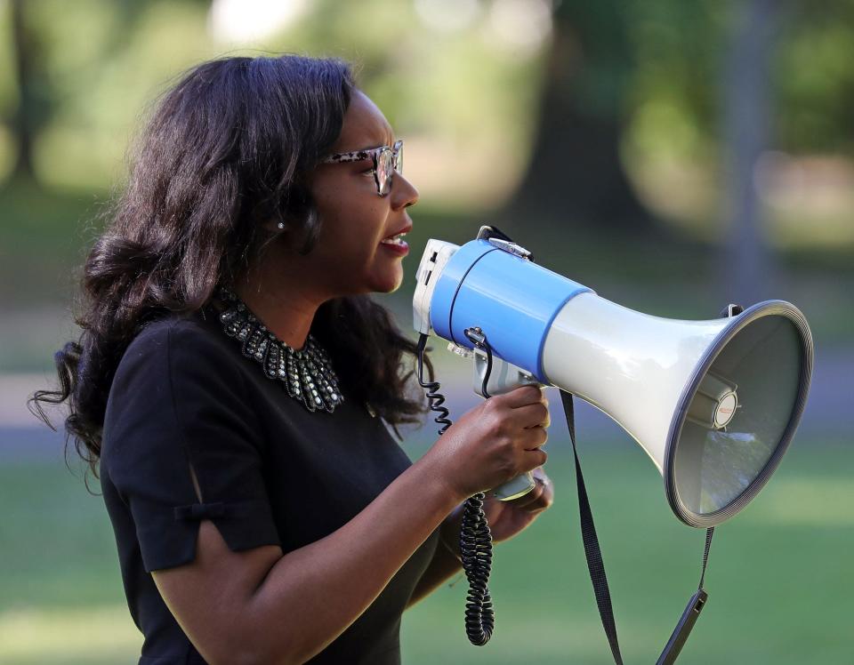 Ohio state Rep. Emilia Sykes speaks during an abortion-rights rally at Rich Swirsky Memorial Park on Friday.