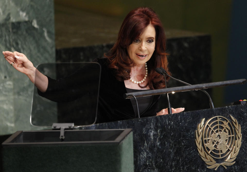 Cristina Fernandez, President of Argentina addresses the 67th session of the United Nations General Assembly at U.N. headquarters, Tuesday, Sept. 25, 2012. (AP Photo/Jason DeCrow)