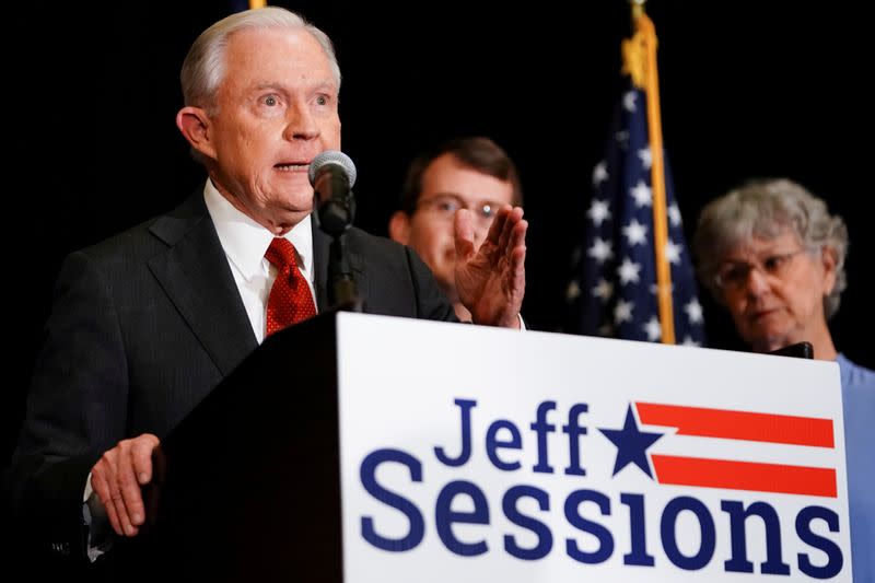 FILE PHOTO: Former U.S. Attorney General Jeff Sessions and Republican senate candidate speaks in Mobile