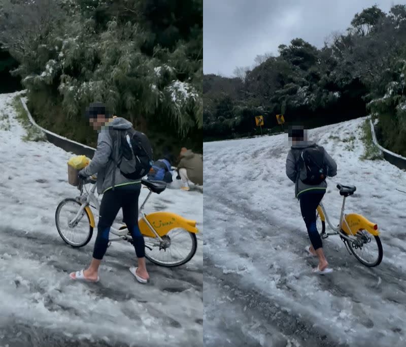 該名年輕男只穿簡單衣物和拖鞋，騎UBike上陽明山追雪。（圖／翻攝自 爆廢公社公開版）