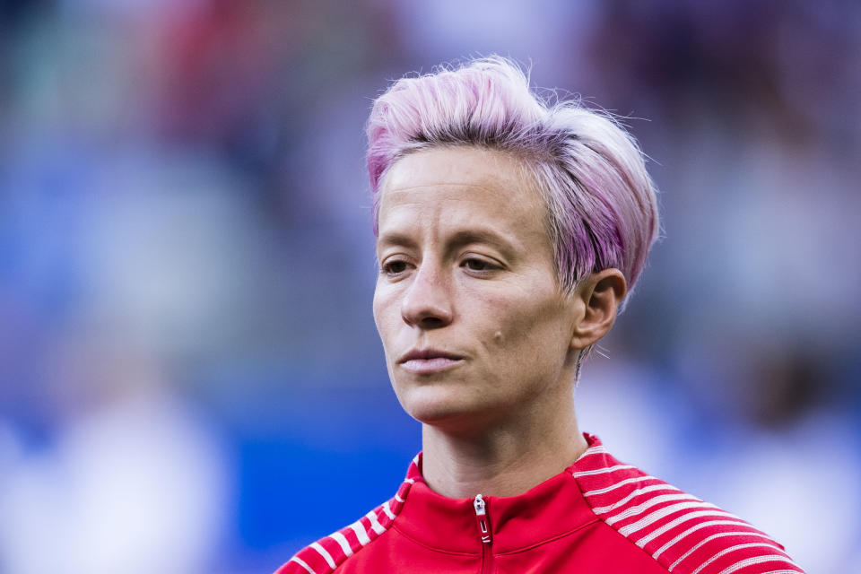 REIMS, FRANCE - JUNE 11: Megan Rapinoe of United States getting into the field during the 2019 FIFA Women's World Cup France group F match between USA and Thailand at Stade Auguste Delaune on June 11, 2019 in Reims, France. (Photo by Marcio Machado/Getty Images)