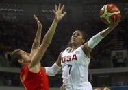 2016 Rio Olympics - Basketball - Final - Women's Gold Medal Game USA v Spain - Carioca Arena 1 - Rio de Janeiro, Brazil - 20/8/2016. Maya Moore (USA) of USA shoots over Laura Nicholls (ESP) of Spain. REUTERS/Jim Young