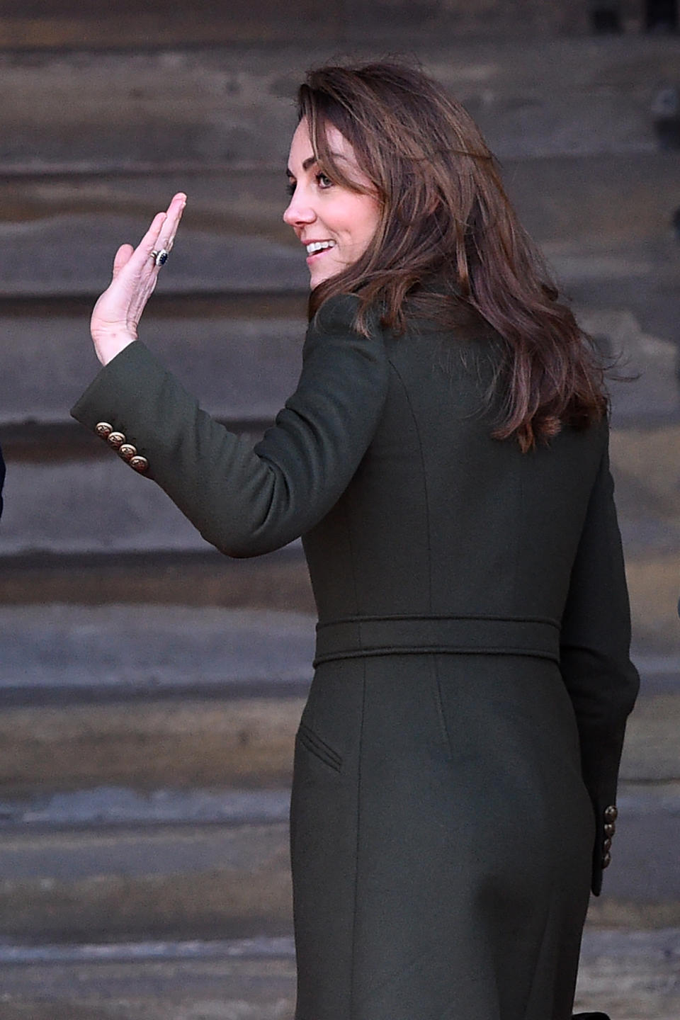 Britain's Catherine, Duchess of Cambridge gestures on arrival for a visit to City Hall in Centenary Square, Bradford on January 15, 2020, to meet young people and hear about their life in Bradford. (Photo by Oli SCARFF / AFP) (Photo by OLI SCARFF/AFP via Getty Images)