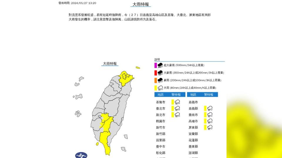 北北基等七縣市大雨特報。（圖／氣象署）