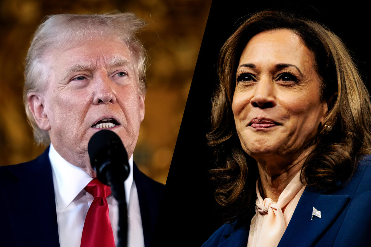 Donald Trump and Kamala Harris. (Photo illustration: Yahoo News: photos: Alex Brandon/AP, Hannah Beier/Bloomberg via Getty Images)