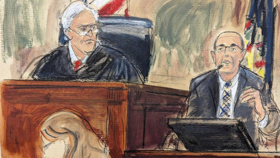 PHOTO: This courtroom sketch shows Judge Arthur Engoron listening to testimony from accountant Donald Bender during the fraud lawsuit trial of former President Donald Trump, Oct. 2, 2023, in New York. (Elizabeth Williams/AP)