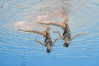 Wang Liuyi and Wang Qianyi, of China, compete in the women's duet free final of artistic swimming at the World Aquatics Championships in Doha, Qatar, Thursday, Feb. 8, 2024. (AP Photo/Lee Jin-man)