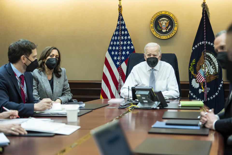 FILE - In this image provided by The White House, President Joe Biden and Vice President Kamala Harris and members of the President's national security team observe from the Situation Room at the White House in Washington, on Feb. 2, 2022, the counterterrorism operation responsible for removing from the battlefield Abu Ibrahim al-Hashimi al-Qurayshi, the leader of the Islamic State group. (Adam Schultz/The White House via AP, File)