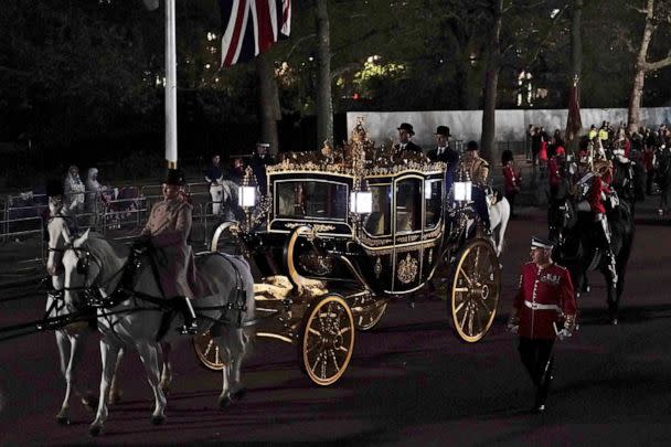 PHOTO: The Diamond Jubilee State Coach is led in a procession rehearsal near Buckingham Palace in central London, early Wednesday, May 3, 2023, for the coronation of King Charles III, which will take place at Westminster Abbey on Saturday, May 6. (Jordan Pettitt/PA via AP)