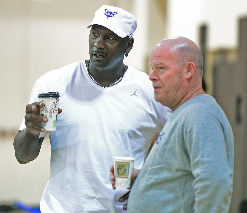 Hornets Chairman, Michael Jordan talks with head coach Steve Clifford during pre-draft workout at the Hornets’ practice facility in Charlotte Wednesday, June 17, 2015. TODD SUMLIN/tsumlin@charlotteobserver.com