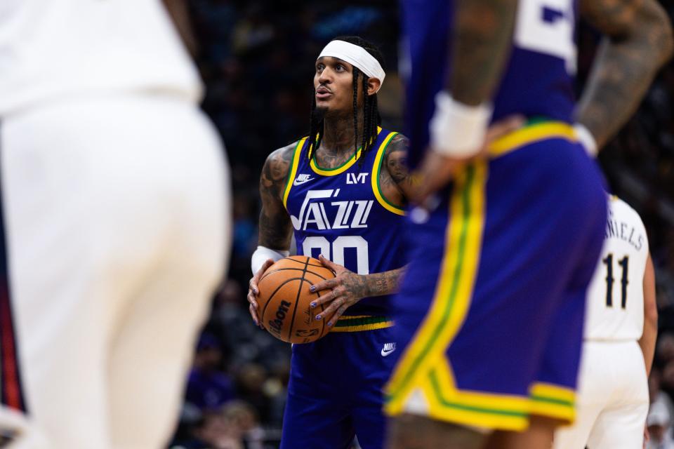 Utah Jazz guard Jordan Clarkson (00) shoots a free throw during an NBA basketball game between the Utah Jazz and the New Orleans Pelicans at the Delta Center in Salt Lake City on Monday, Nov. 27, 2023. | Megan Nielsen, Deseret News