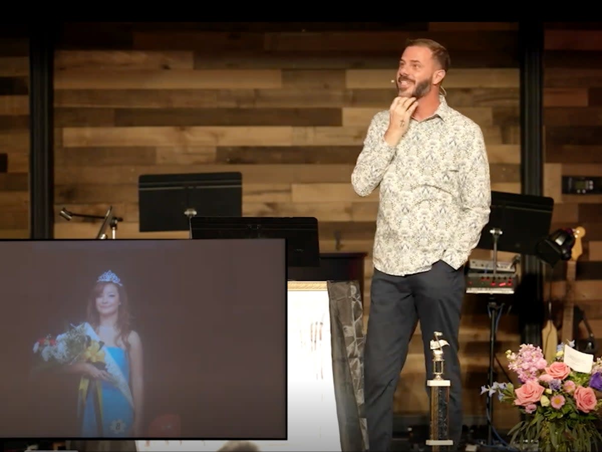 South Carolina pastor John-Paul Miller tells his congregation at Solid Rock Church in Myrtle Beach that he tried to raise his deceased wife Mica Miller ‘from the dead’. Mica appears in a photo to the left of Mr Miller. (screengrab/Solid Rock Church)