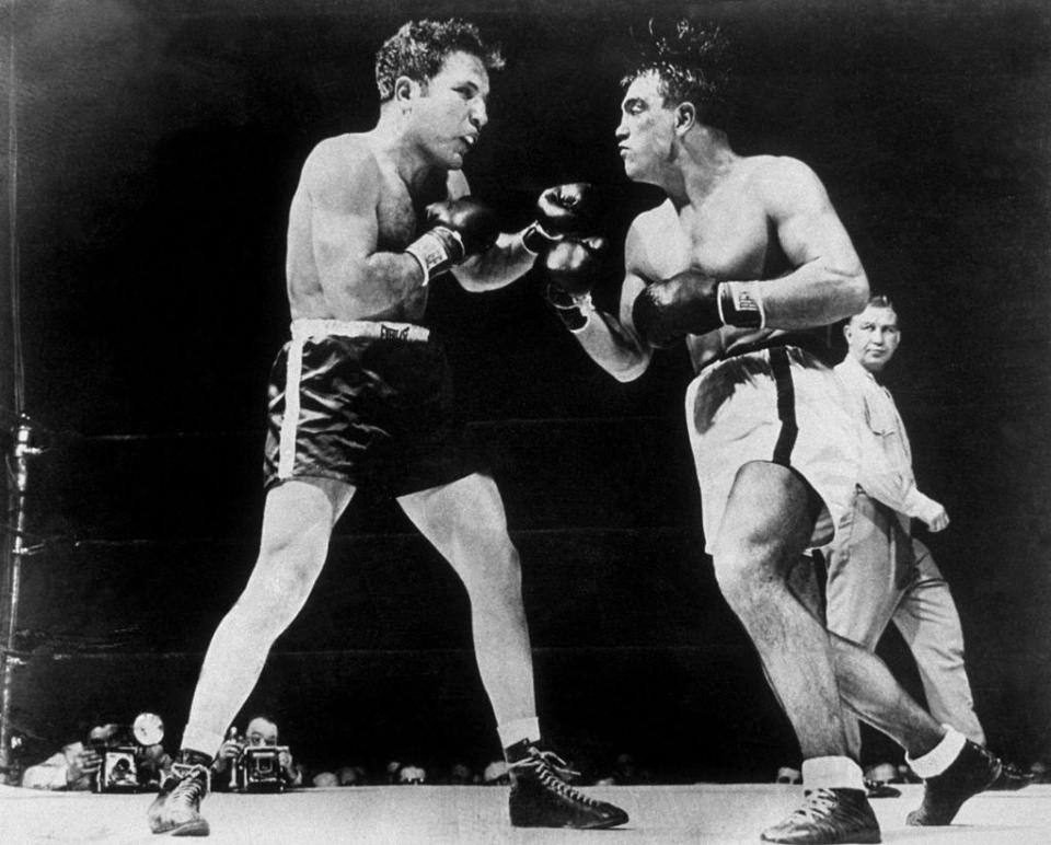 LaMotta vs Robert Villemain during their 12-round bout at Madison Square Garden in New York, 1949. LaMotta was declared the winner, to the crowds’s disappointment (Getty)