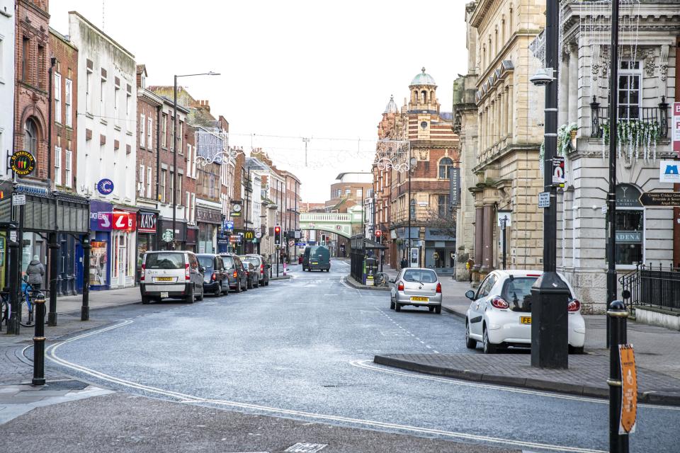 An empty High Street in Worcester city centre, Worcestershire, on the first day of the third national lockdown in England, to reduce the spread of COVID-19. Prime Minister Boris Johnson announced further coronavirus restrictions during a televised address to the nation last night.