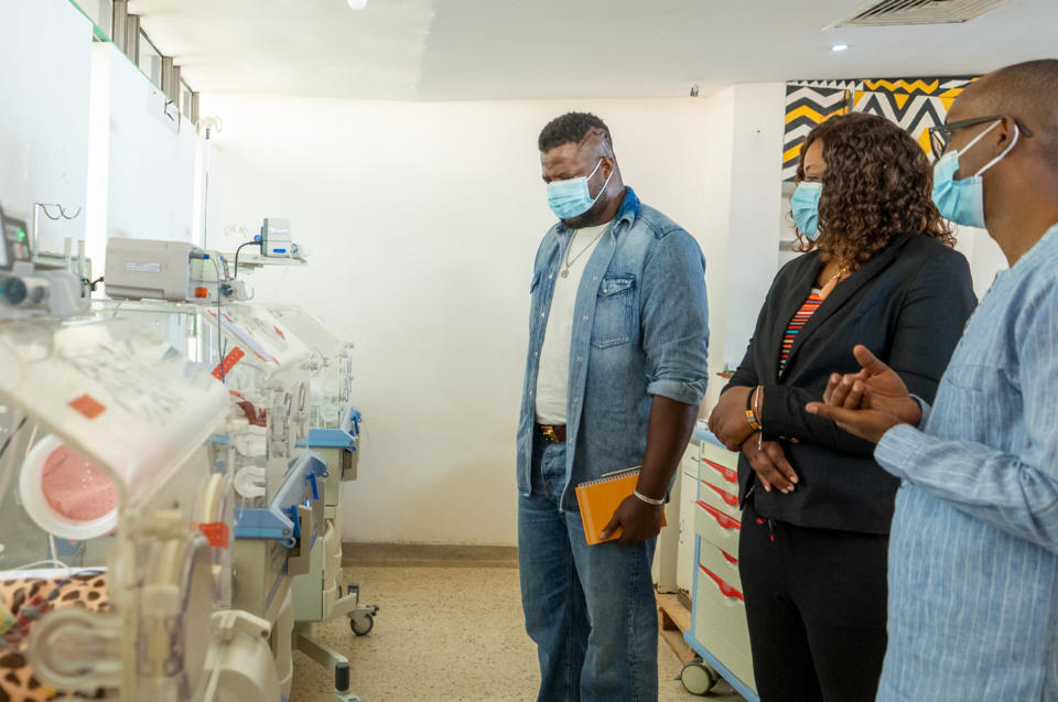 <p>Winston Duke and his sister, Dr. Cindy Duke, visit Rwinkwavu District Hospital in Rwanda as part of the actor's work with the global healthcare NGO, Partners In Health. </p>
