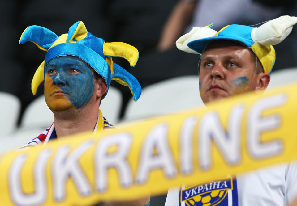 DONETSK, UKRAINE - JUNE 19: Ukraine fans react during the UEFA EURO 2012 group D match between England and Ukraine at Donbass Arena on June 19, 2012 in Donetsk, Ukraine. (Photo by Scott Heavey/Getty Images)