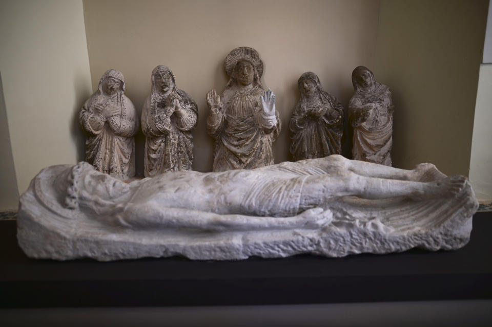 Religious sculptures are inside the second oldest Spanish church in the Americas, the San Jose Church, that will reopen following a massive reconstruction that took nearly two decades to complete, in San Juan, Puerto Rico, Tuesday, March 9, 2021. Experts were hired from abroad to restore murals and other art. (AP Photo/Carlos Giusti)