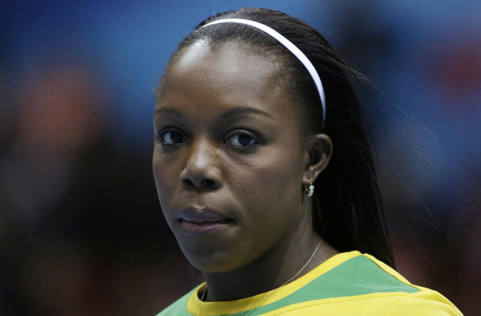 Jamaica's Veronica Campbell-Brown prepares a women's 60m heat - her first race after she returned after her doping ban - during the Athletics Indoor World Championships in Sopot, Poland, Saturday, March 8, 2014. (AP Photo/Matt Dunham)