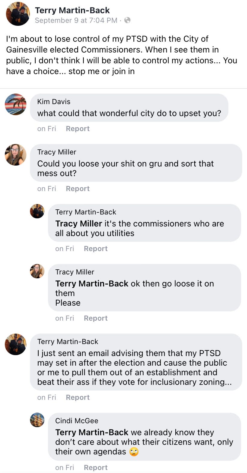 Local real estate broker Terry Martin-Back was booked in a county jail Monday after threats he made via Facebook and email to the Gainesville City Commission on Sept. 9.