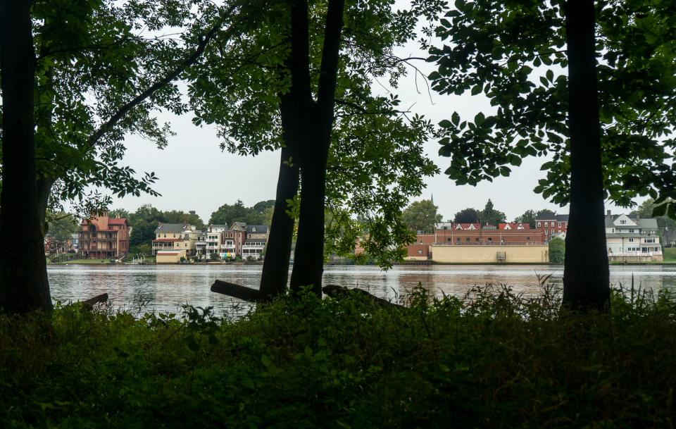 A view of Bristol's riverfront from Burlington Island on the Delaware River in between New Jersey and Pennsylvania on Thursday, Aug. 10, 2023.