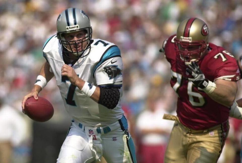 Former Panthers quarterback Steve Beuerlein, left, is now an analyst for CBS Sports.