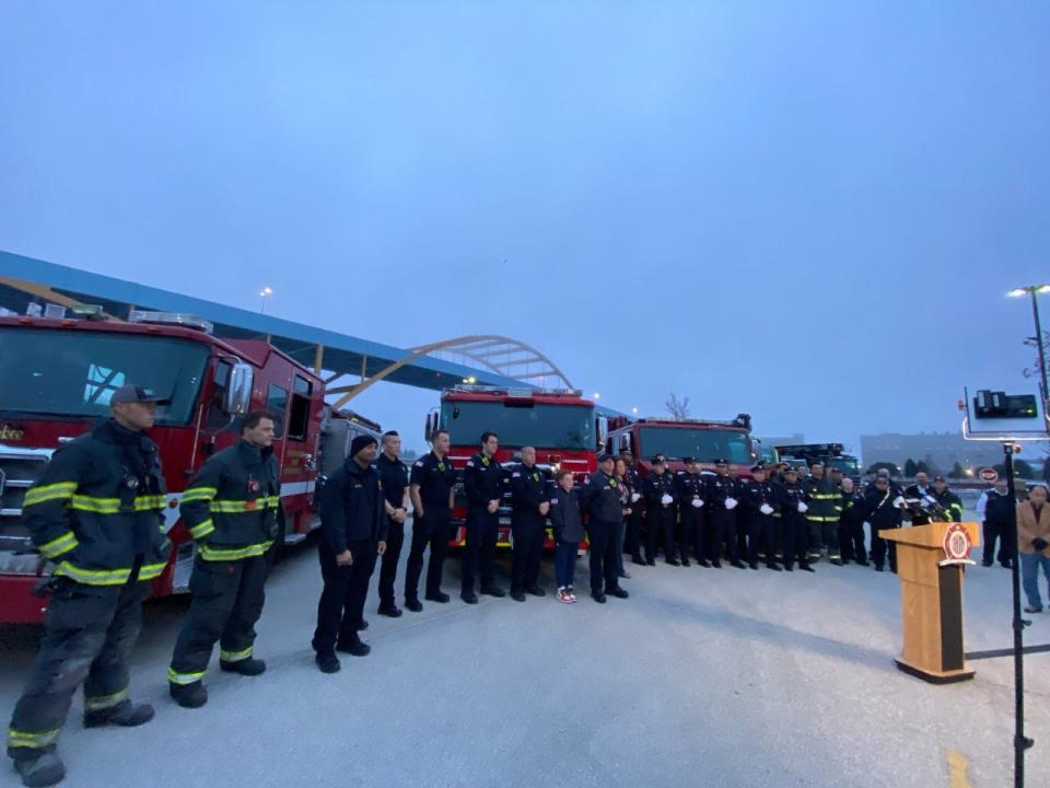 This photo was taken shortly before the Hoan Bridge was illuminated red to show support for firefighters who died in the line of duty in 2022. Dozens of firefighters from Milwaukee County fire departments attended Sunday's local remembrance event, including Milwaukee, St. Francis, Wauwatosa, Oak Creek and Milwaukee County Airport.