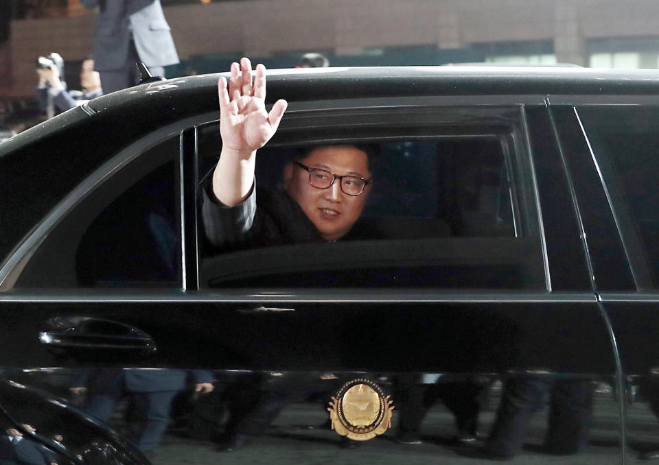 FILE - In this April 27, 2018 file photo, North Korean leader Kim Jong Un waves from a car as he returns to North Korea after the meeting with South Korean President Moon Jae-in at the border village of Panmunjom in the Demilitarized Zone, South Korea. (Korea Summit Press Pool via AP, File)