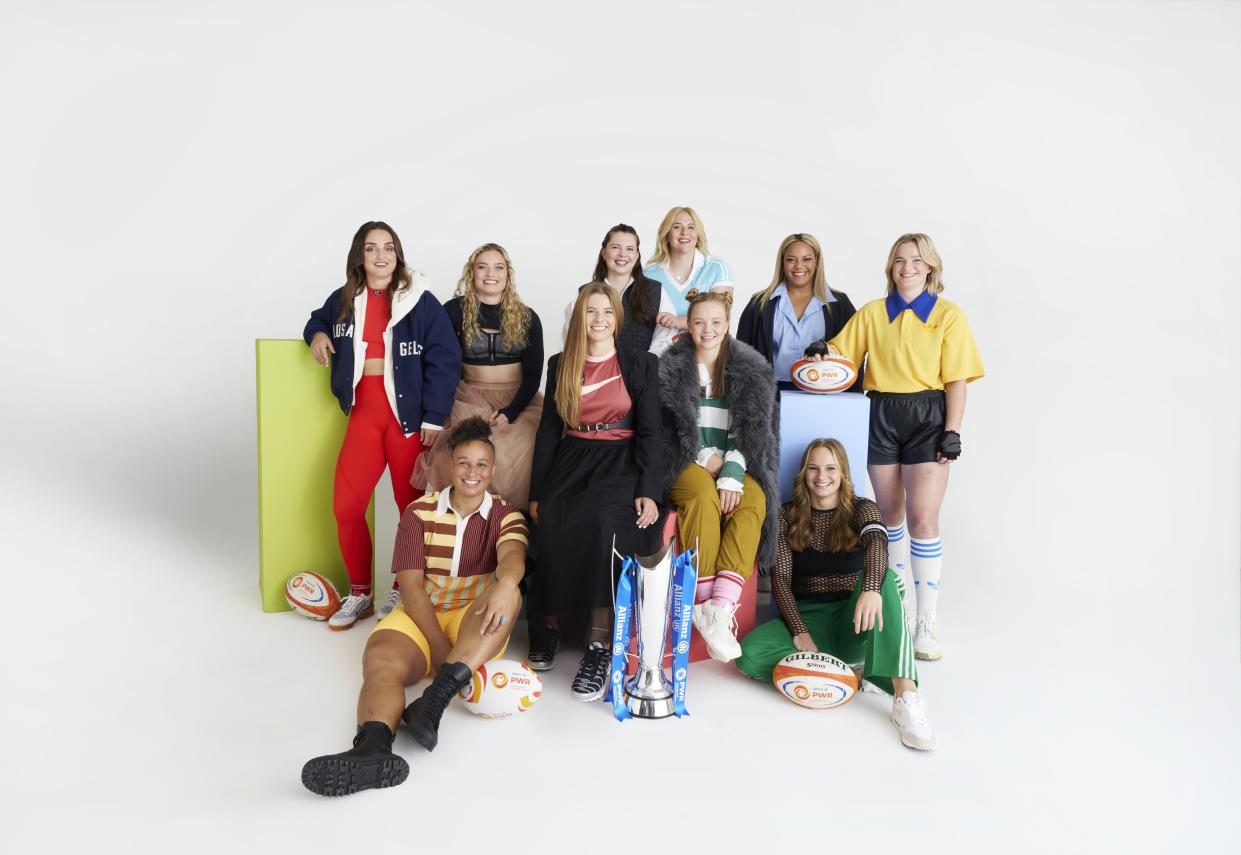 The players behind the Powered Differently campaign to challenge stereotypes in women's rugby, shot by Tara Moore for Getty Images. From left to right: Rachel Lund (Gloucester-Hartpury), Shaunagh Brown (Harlequins), Jodie Ounsley (Exeter Chiefs), Abbie Ward (Bristol Bears), Zoe Harrison (Saracens), Abi Burton and Ellie Green (Trailfinders), Detysha Harper (Sale Sharks), Amanda Swartz (Leicester Tigers) and Daisy Hibbert-Jones (Loughborough Lightning)