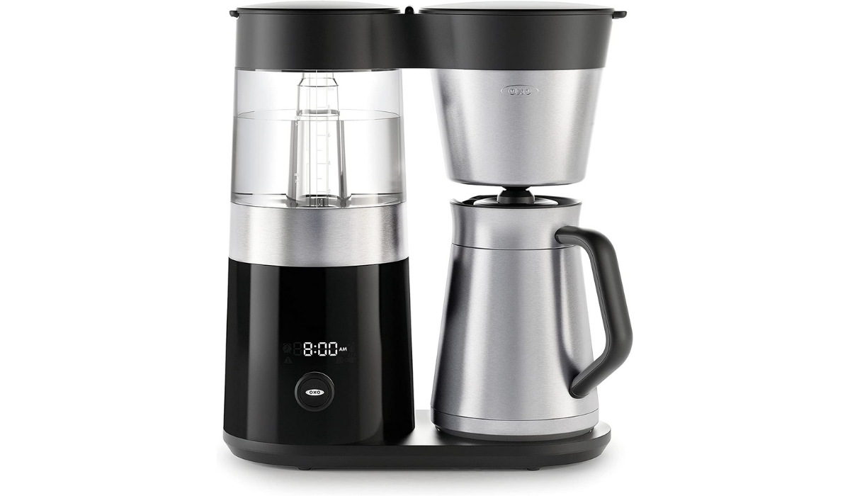 A black and stainless steel coffee maker