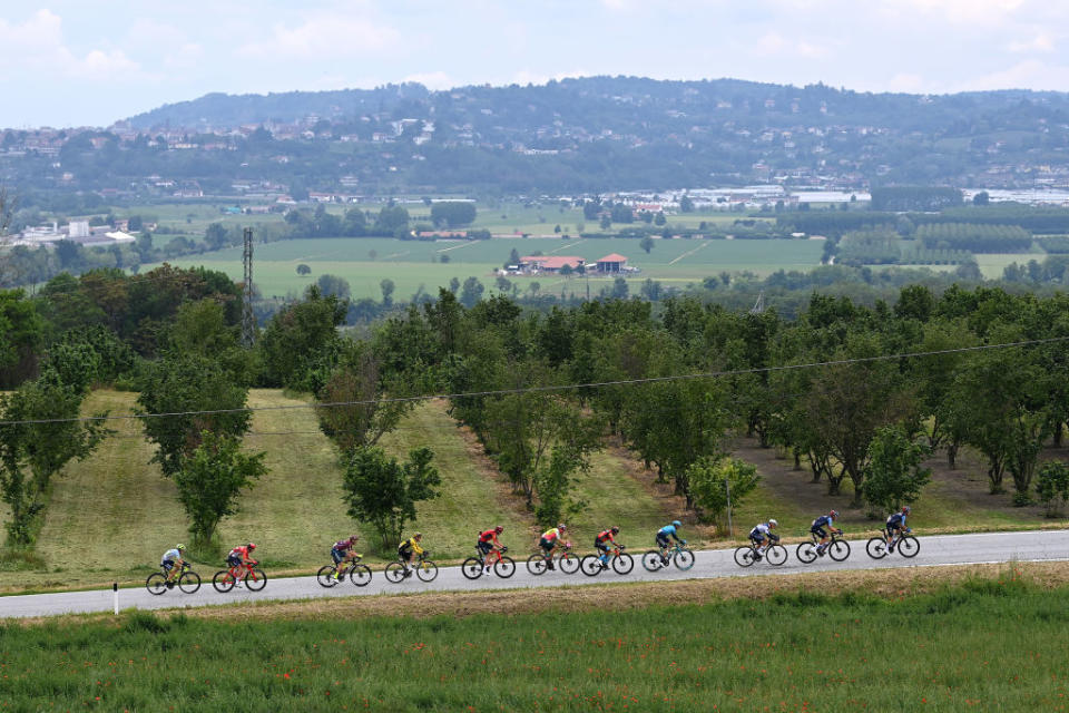 RIVOLI ITALY  MAY 18 Ilan Van Wilder of Belgium and Team Soudal  Quick Step Bauke Mollema of The Netherlands and Team Trek  Segafredo Alberto Bettiol of Italy and Team EF EducationEasyPost and a general view of the breakaway competing during the 106th Giro dItalia 2023 Stage 12 a 185km stage from Bra to Rivoli  UCIWT  on May 18 2023 in Rivoli Italy Photo by Tim de WaeleGetty Images