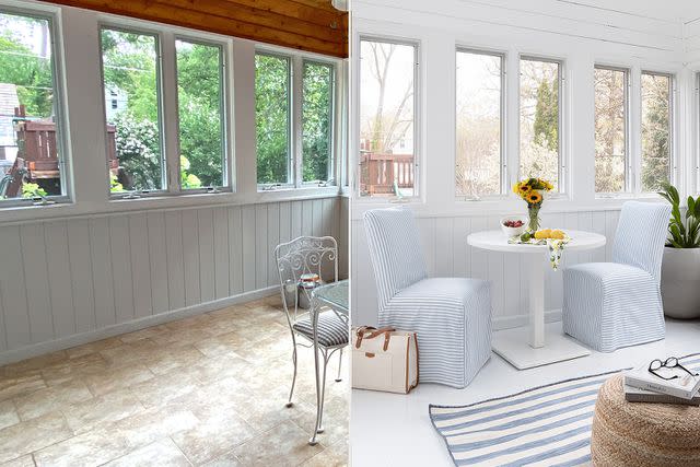 <p>Designed by Havenly</p> The "before" photo of the porch vs. the "after," with chairs by The Inside