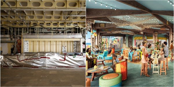 A collage of Royal Caribbean's Icon of the Seas Thrill Island's Basecamp and Royal Caribbean’s rendering of the space.