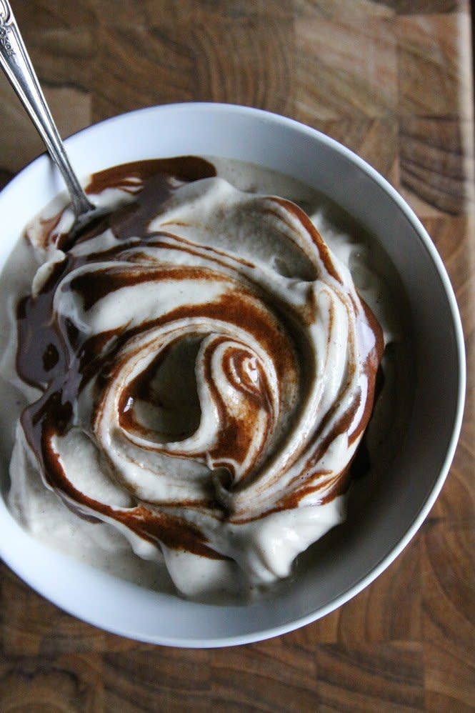 Vanilla + bananas<BR><BR> <strong>Get the <a href="http://www.thisrawsomeveganlife.com/2014/12/banana-vanilla-soft-serve-with-dark.html#.VUuBCdp3m2w" target="_blank">Banana Vanilla Soft Serve with Chocolate Drizzle recipe</a> from This Rawsome Life</strong>