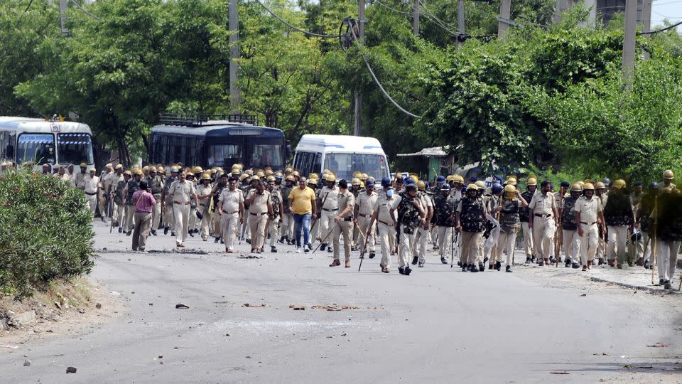 Extra police personnel are deployed in Nuh, India, on August 1, 2023.  - Parveen Kumar/Hindustan Times /Getty Images