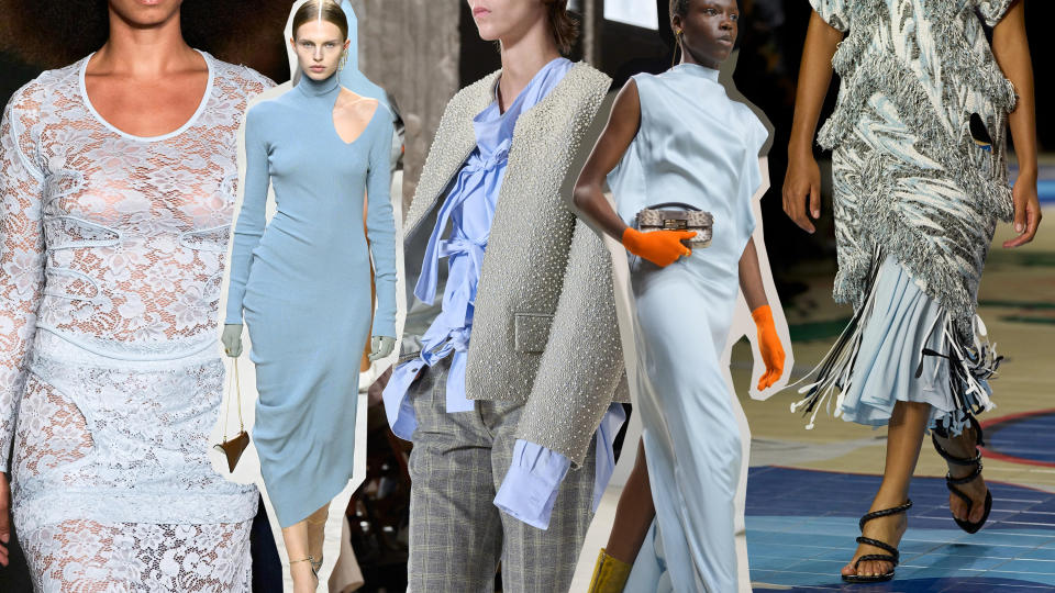 graphics of spring 2024 color trends, white, gray, butter yellow, pale lilac, glacial blue, apricot crush