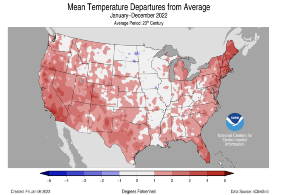 Mean temperature departures from average across the US in 2022 (nclimgrid)