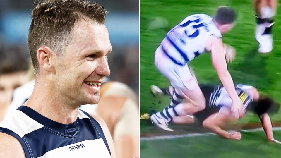 Patrick Dangerfield, pictured here kneeing Liam Stocker in the back in their AFL game.