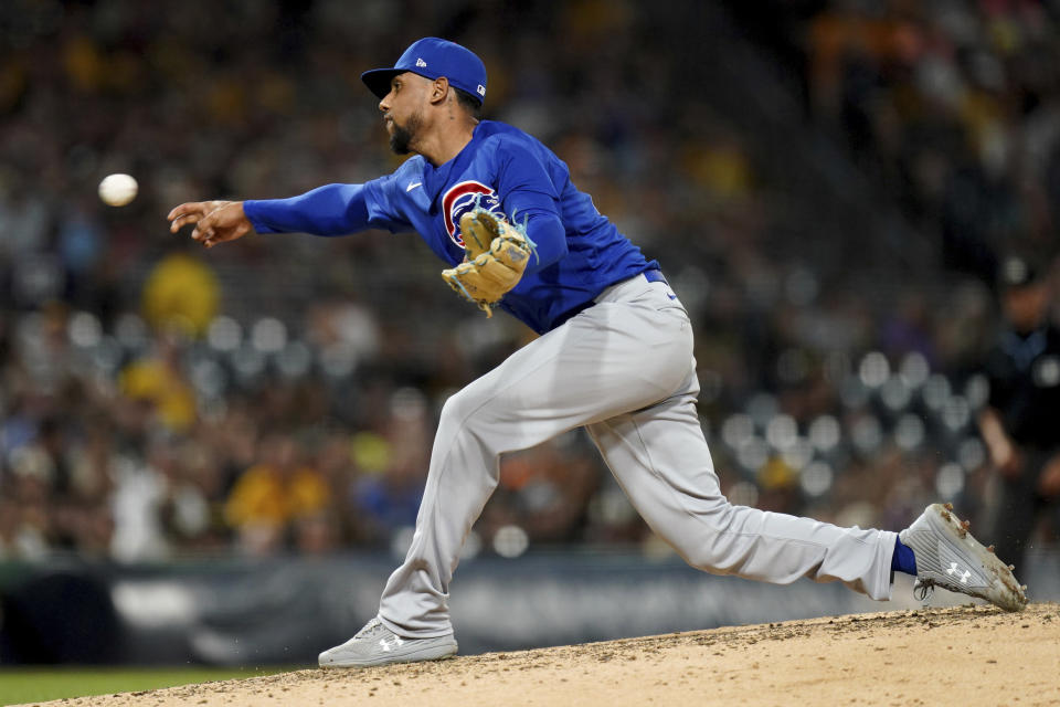 Chicago Cubs relief pitcher Jose Cuas delivers against the Pittsburgh Pirates in the seventh inning of a baseball game in Pittsburgh, Friday, Aug. 25, 2023. (AP Photo/Matt Freed)